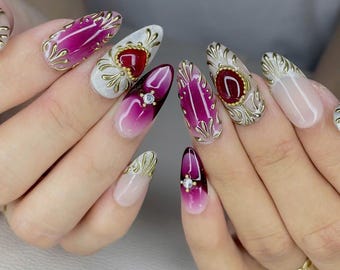 Medium Almond Press On Nails, 3D Heart, Pink Ombre French Tip M20