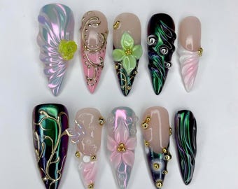 Paznokcie 3D Flower Stiletto Press On, Y2K Ombre French Tip LS01