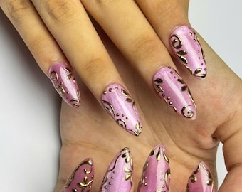 Uñas postizas medianas almendradas – Rosa gelatina efecto ojo de gato, contorno cromado Y2K, M156
