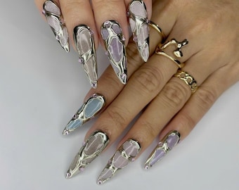 Long Almond Press On Nails, Y2K Multicolor Cat Eye Nails with Rhinestone Accents 10