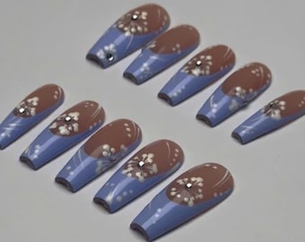 Elegant Flower Long Coffin Press On Nails: Diamond Nail Art