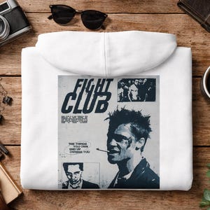 Sudadera unisex blanca con capucha inspirada en Fight Club, con estampado gráfico de película vintage en la espalda