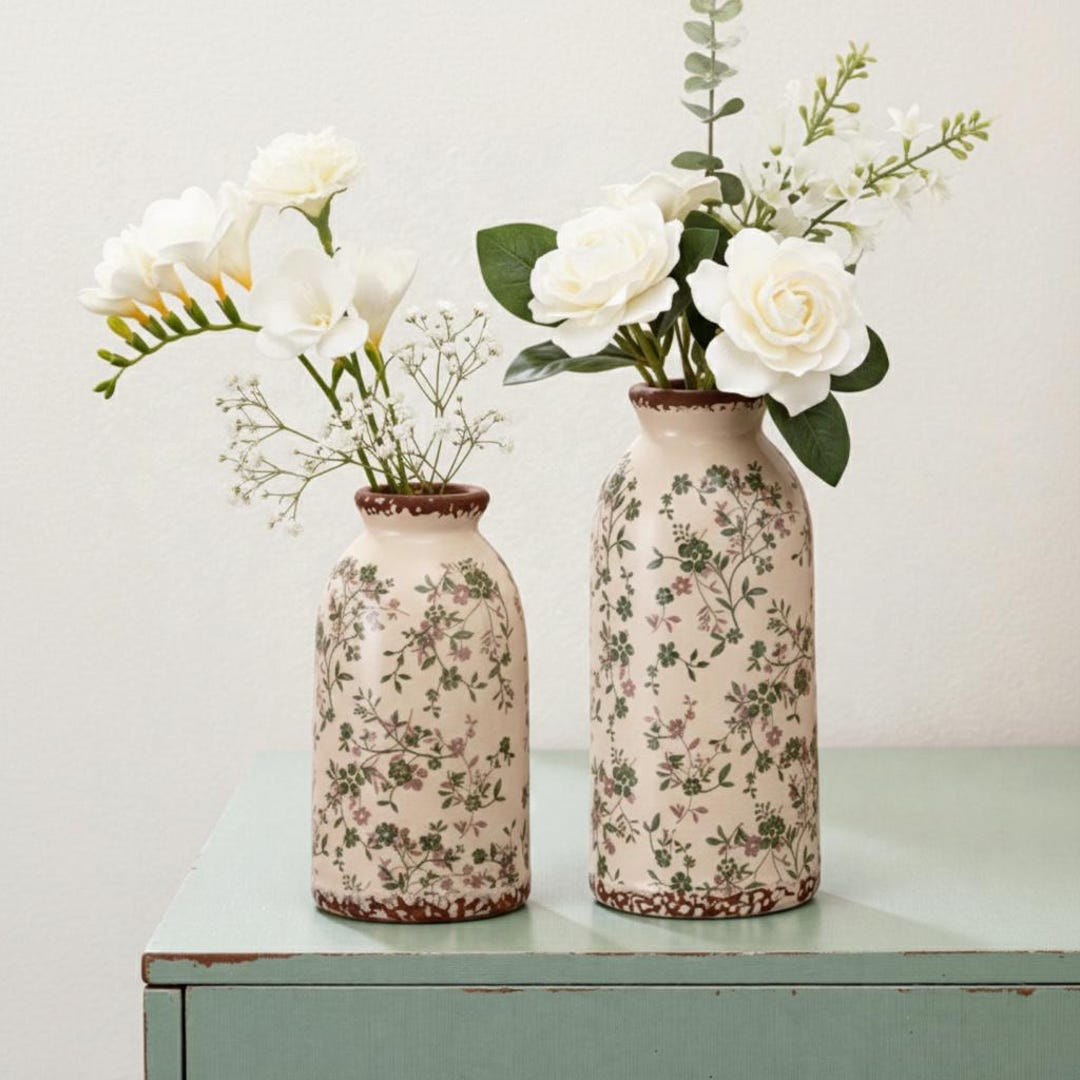 Handmade Retro Floral Ceramic Vase, Rustic Vintage Farmhouse Decor, Rose Home Decor, Artistic Pottery Ornament, Dried Flower Container - Set of 2: Both Vases