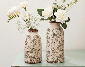 Vaso in ceramica floreale retrò fatto a mano, decorazione rustica vintage in stile fattoria, decorazione per la casa con rose, ornamento artistico in ceramica, contenitore per fiori secchi