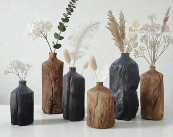 Vasi rustici in legno fatti a mano, minimalisti, unici, in legno carbonizzato, decorativi, in stile giapponese Wabi Sabi, in legno massello, decorazione per mensole