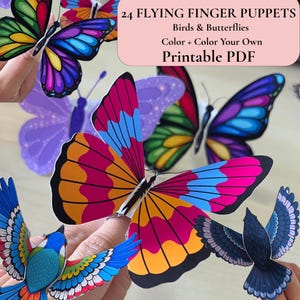 Peut inclure: Un ensemble de 24 marionnettes à doigt volantes représentant des oiseaux et des papillons aux couleurs vives. Le lot comprend des modèles pré-colorés et à colorier soi-même en format PDF imprimable. Le texte 24 FLYING FINGER PUPPETS Birds & Butterflies Color + Color Your Own Printable PDF est visible.