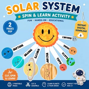 May include: A digital solar system spin and learn activity featuring a central yellow sun with a smiling face connected to eight colourful planet cutouts labelled Mercury, Venus, Earth, Mars, Jupiter, Saturn, Uranus, and Neptune on a light blue background.