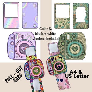 May include: A collection of printable camera-themed paper crafts featuring unicorn and dinosaur designs. The set includes pull-out cards, camera frames, and camera bodies in various colors. Text includes Color & black + white versions included, PULL - OUT CARD, and A4 & US Letter.