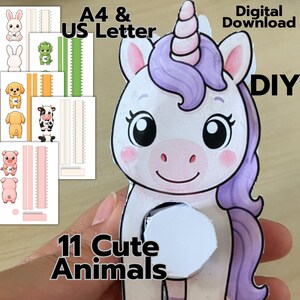 May include: A DIY digital download craft project featuring 11 cute animals including a unicorn, rabbit, dinosaur, dog, cow, and pig. The set includes printable templates in A4 and US Letter sizes with instructions for cutting and assembly.
