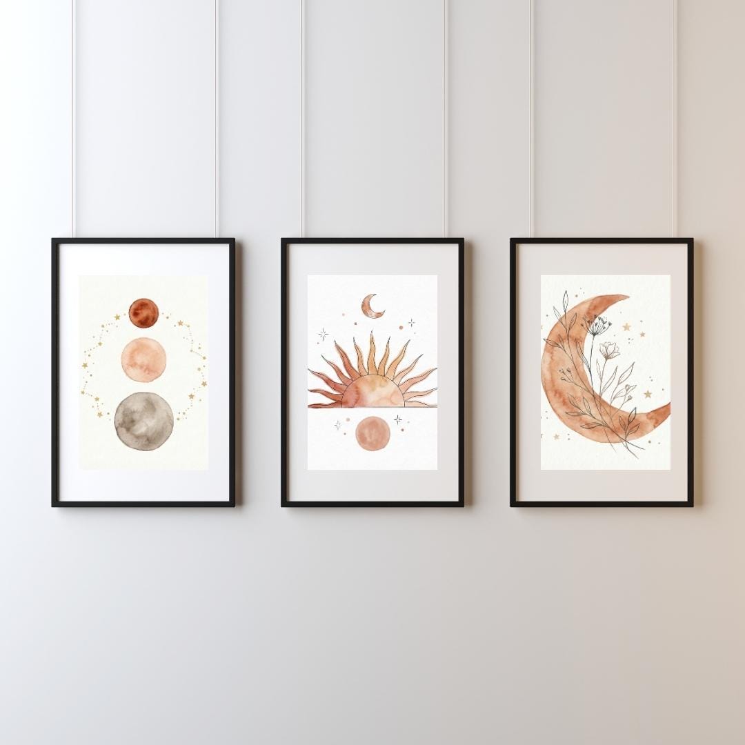 Boho Sun Moon Wall Art Set of 3 | Minimalist Celestial Prints ...