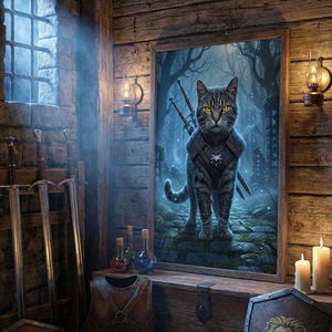 May include: A framed fantasy art print of a cat in armor, with swords on its back, standing in a forest. The print is displayed in a rustic wooden room with swords, shields, and potions. Two lit candles and a window are visible.