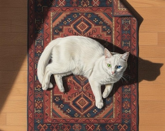 White Cat on Oriental Rug Print, Boho Wall Art, Cat Poster Digital Download