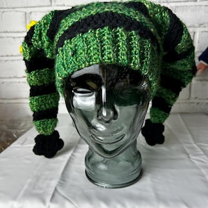 Crochet Double Pointed, Striped Jester Hat Wicked Inspired - Elphaba - Green and Black