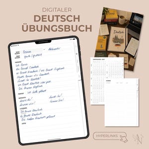 Könnte beinhalten: Ein digitales Deutsch-Übungsbuch auf einem Tablet-Bildschirm mit handschriftlichen Notizen, daneben ein physisches Spiralnotizbuch, ein Lerntracker für 2027 und eine Seite für Nomen. Der Text DIGITALER DEUTSCH ÜBUNGSBUCH ist oben zu sehen.
