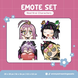 Könnte beinhalten: Ein Set aus vier digitalen Emotes mit Nod Krai-Charakteren. Die Emotes zeigen einen Charakter mit rosa Haaren, einen Charakter mit Kopfhörern und Noten, einen Charakter mit einem Herz und einen Charakter mit rosa Brille.