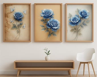 Blue Rose Art Prints Set | Elegant Floral Home Decor | Digital Download