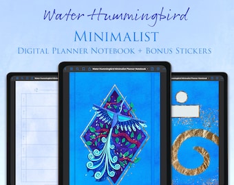GoodNotes Digital Planner Blank Notebook + Bonus Metallic Digital Stickers - Cute - Blue - Bird - Minimalist - 7”x10” - Water Hummingbird