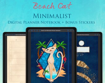 GoodNotes Digital Planner Blank Notizbuch + Bonus Metallic Digital Stickers - Niedlich - Blau - Strand - Minimalistisch - Undatiert - 7 "x10" - Strand Katze