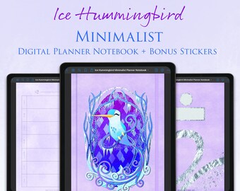 GoodNotes Digital Planner Blank Notebook + Bonus Metallic Digital Stickers - Cute - Purple - Bird - Minimalist - 7”x10” - Ice Hummingbird