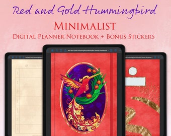 GoodNotes Digital Planner Blank Notebook + Bonus Metallic Digital Stickers - Cute - Bird - Minimalist - 7”x10” - Red and Gold Hummingbird