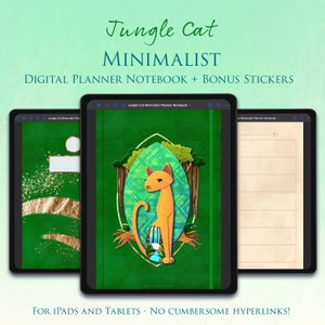 GoodNotes Digital Planner Blank Notebook Bonus Metallic Digital Stickers Cute Green Cat Minimalist Journal 7x10 Jungle Cat image 1