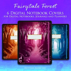 May include: Six digital notebook covers featuring a magical forest scene with a path leading to a glowing light. The covers are in various colors, including orange, pink, and blue.