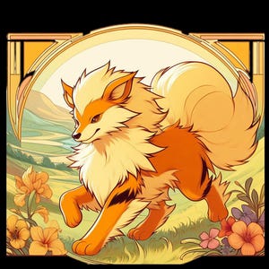 May include: A stylized illustration of a fox-like creature with orange and cream fur, set against a landscape with flowers and rolling hills. The artwork is framed by a golden arch and decorative border, with a black background.