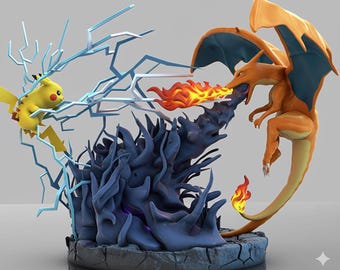 May include: A detailed figurine depicting Pikachu and Charizard in combat. Pikachu, a yellow creature, is surrounded by blue lightning, while Charizard, an orange dragon, breathes fire. The base is dark blue with a cracked stone texture.
