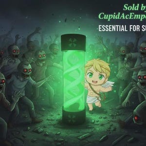 May include: Illustration of a cartoon angel with a glowing green tube, surrounded by zombies. The tube has a DNA-like design inside. Text on the image reads "ESSENTIAL FOR SURVIVAL". The angel is smiling and appears to be safe.