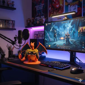 May include: An orange and yellow Charizard figure with green wings and a black and gold chest plate sits on a round orange base. A gaming setup includes a large monitor displaying a video game, a keyboard, and a mouse on a black desk.