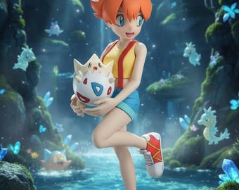 May include: A figurine of an anime character holding a white and red egg-shaped object. The character is wearing a yellow top, blue shorts, and red and white trainers. The background features the text "CUPIDACE EMPORIUM 10+ INCHES & UP!" and a fantasy landscape.