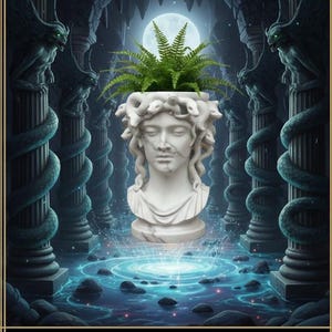 Könnte beinhalten: Ein weißer Medusa-Kopf-Pflanztopf mit grünen Pflanzen, vor einem Fantasy-Hintergrund. Das Bild enthält den Text "CupidAceEmporium" und "Select Sizes, Custom Colors". Der Pflanztopf ist aus Marmor und in Gold, Silber und Bronze erhältlich.