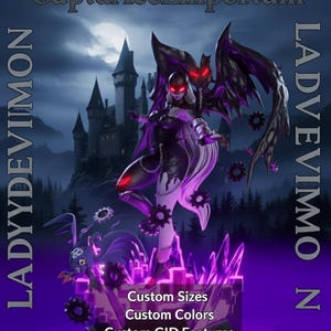 Può includere: Immagine di arte digitale raffigurante una statua di un personaggio femminile con ali scure e un castello gotico sullo sfondo. La statua è in posa dinamica, con una combinazione di colori viola e nero. Il testo include "CupidAceEmporium" e "LADYDEVIIMON".