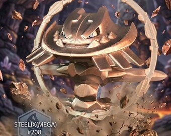 May include: A bronze Steelix (MEGA) figure with a circular design, set against a dark, rocky background. The image includes the text "CupidAceEmporium" and "STEELIX (MEGA) #208". Additional text mentions custom sizes, colours, and mediums.