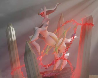 May include: A white and cream-coloured creature with red eyes and accents, surrounded by red chains and pillars. The creature has a long, curved neck and a flowing tail. The scene is set in a hazy, ethereal environment.