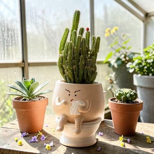 Könnte beinhalten: Ein skurriler Keramik-Blumentopf in Form einer Person, die auf einer Toilette sitzt und ein Taschentuch hält, mit einem wütenden Gesicht. Der Topf enthält einen hohen grünen Kaktus. Zwei kleinere Tontöpfe mit Sukkulenten sind ebenfalls zu sehen.