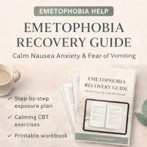 May include: A book titled "Emetophobia Recovery Guide" with the subtitle "Calm Nausea Anxiety & Fear of Vomiting." The cover features the title and a graphic of an open book. The image also includes a cup of coffee and a list of features.