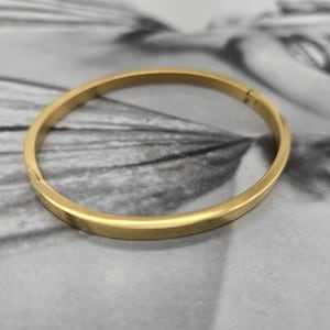 May include: A gold-coloured bangle bracelet. The bracelet is a simple, round design with a clasp. The jewellery is made of a shiny, metallic material. The background is a black and white image.