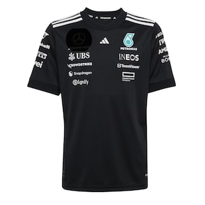 May include: Black short-sleeved athletic shirt with white shoulder stripes. Includes sponsor logos such as Petronas, Ineos, and UBS. The shirt has a crew neck and a Mercedes-Benz logo on the chest.
