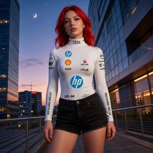 May include: A white long-sleeved top with various sponsor logos, including "IBM" and "hp", paired with black denim shorts. The top features the text "RICHARD MILLE" on the sleeves and "LEWIS HAMIL" and the number "44". The person has red hair.