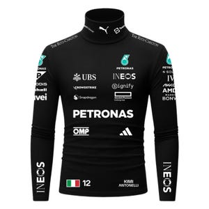 May include: Black long-sleeved turtleneck shirt with multiple sponsor logos, including Petronas, Ineos, and UBS. The shirt features the text "Kimi Antonelli" and the number 12, with the Italian flag. The shirt has a sleek, sporty design.
