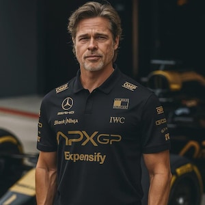 May include: A black polo shirt with gold lettering and logos, including "APXGP" and "Expensify." The shirt also features the logos of "IWC," "Shark Ninja," and "OMP." The person in the image is wearing the shirt.
