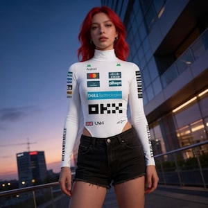 May include: A white long-sleeved bodysuit with a high neck, featuring various logos and text, including "Dell Technologies" and "OKX." The bodysuit is paired with black denim shorts. The model has red hair.