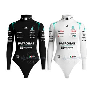 May include: Two long-sleeve mock neck bodysuits, one black and one white, featuring the Petronas logo, Microsoft branding, and various sponsor logos including UBS, Ineos, and CrowdStrike. Each bodysuit displays the number 12 and an Italian flag.