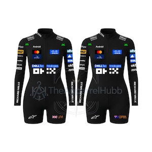 May include: Two black long-sleeve athletic bodysuits featuring a high collar and front zipper. The garments are covered in various sponsor logos including Hilton, Android, Cisco, Dell Technologies, and Richard Mille, with national flags and codes.