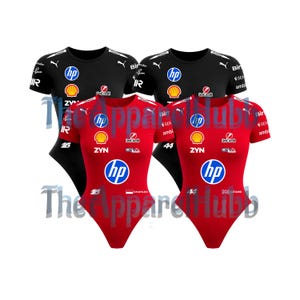 May include: Four bodysuits, two black and two red, with racing-themed logos and sponsor branding. The black bodysuits have white accents and the HP logo. The red bodysuits feature the HP logo, driver numbers, and sponsor logos.