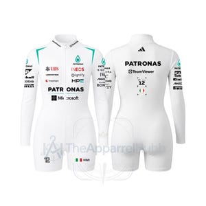 May include: A white long-sleeve athletic bodysuit featuring a front zipper, high collar, and various sponsor logos including Petronas, UBS, Ineos, and Microsoft. The back displays the number 12, the Petronas logo, and an Italian flag graphic.