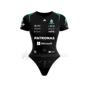 May include: A black short-sleeved bodysuit featuring the Petronas logo, Microsoft branding, and various sponsor names including UBS, Ineos, and HPE. The garment includes a small Italian flag icon, the name Kimi, and the number 12 printed on the front.