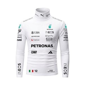 May include: White long-sleeve turtleneck shirt with multiple sponsor logos, including PETRONAS, UBS, and INEOS. The shirt features the number 12 and the name KIMI ANTONELLI. The design includes the Mercedes-AMG Petronas Formula One Team logo.