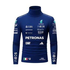 May include: Navy blue turtleneck long-sleeve shirt. The shirt features multiple sponsor logos, including "PETRONAS", "INEOS", and "UBS". The number "12" is displayed with the Italian flag. The text "Kimi Antonelli" is also visible.